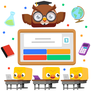 Wise Owl Blook instructing class in front of a Blooket Host screen displaying the Classic game mode.
