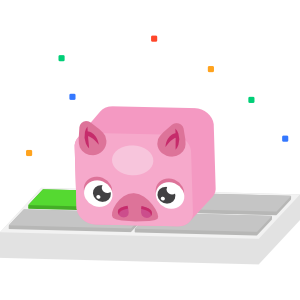 Pig Blook bounces on a multiple choice
      question, highlighting the fun and diversity of Blooket’s library of sets
      and gameplay.